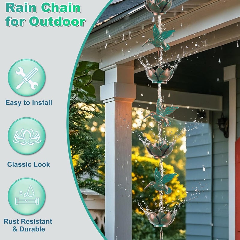 shumi 8.8ft Rain Chain for Gutters Downspouts Outside,Hummingbird Rain Chain with 12 Copper Lotus Rain Chain Cups,Functional and Decorative Replacement for Gutter Downspouts - Image 4
